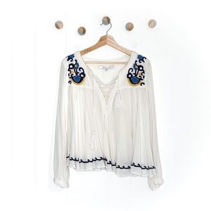 Lovers + Friends Athens Peasant Top embroidered Boho Lace Up